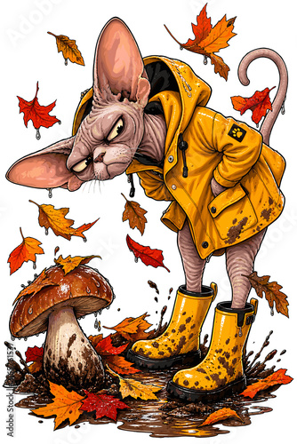 Cartoon sphynx cat wearing a yellow raincoat in autumn leaves  