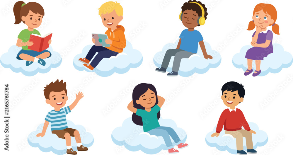 Fototapeta premium Flat Vector Set of Children Reading, Listening to Music, Using a Laptop and Relaxing on Clouds
