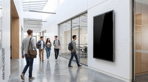 Group of students walking through a modern university hallway with a blank digital display screen on the wall.
