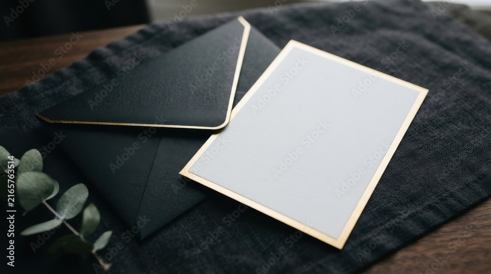 Fototapeta premium Blank card with gold border and black envelope on dark fabric mockup