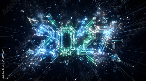 A futuristic 3D rendering of the year 2024 in neon blue and green lights exploding in space
