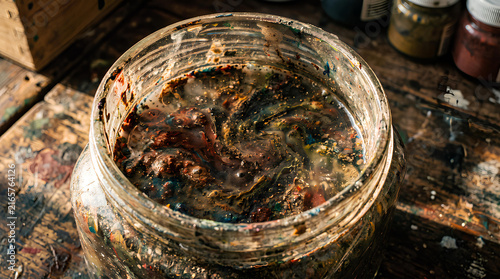 A jar of murky brush washing water on a studio table