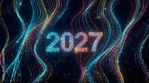 A futuristic digital illustration of the year 2027 with colorful neon lights and glowing lines