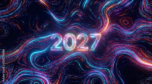 A futuristic digital illustration of the year 2027 in neon lights on a dark background
