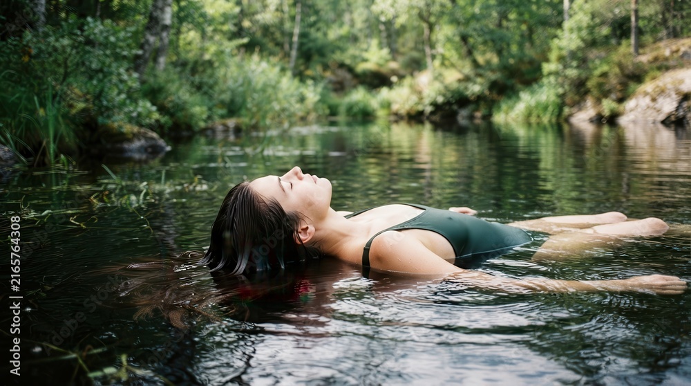 Fototapeta premium Woman floating peacefully on her back in a calm forest river