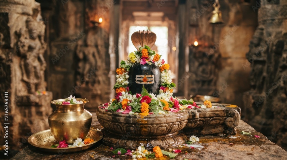 Fototapeta premium Hindu deity Shivalingam decorated with flowers in a traditional temple