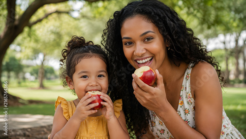 Happy mother and daughter eating fresh red apples together in a sunny park.
