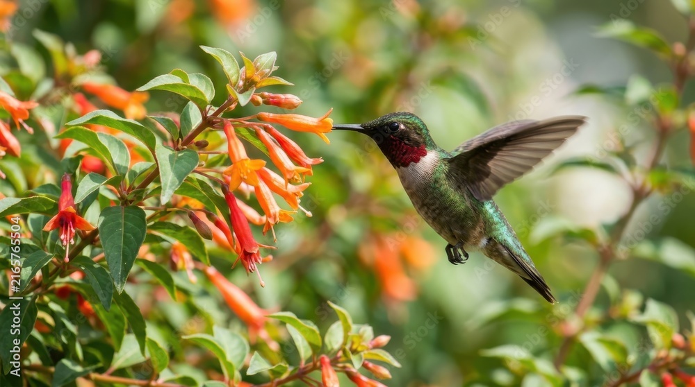 Naklejka premium Hummingbird feeding on nectar from orange flowers in garden
