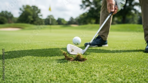 Golfer hitting ball from green with divot