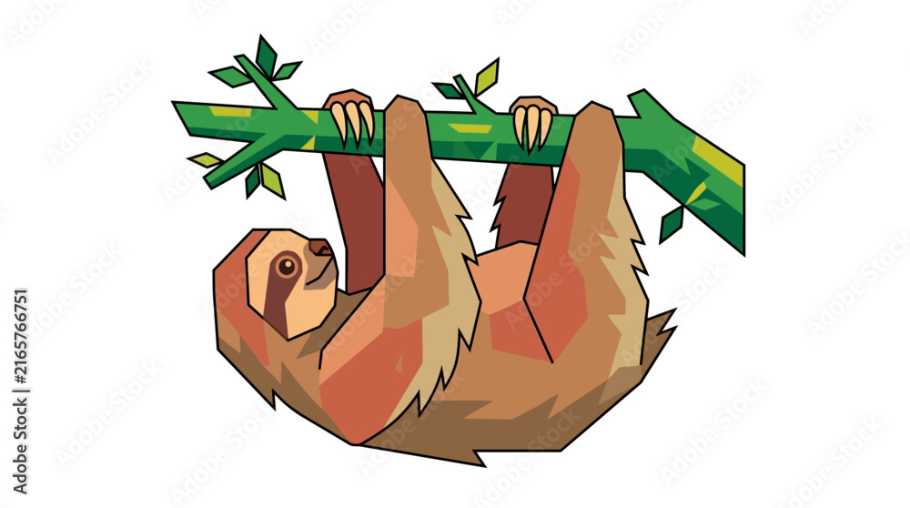 Naklejka premium Cute sloth hanging upside down from a green tree branch isolated on white background flat geometric animal vector illustration design