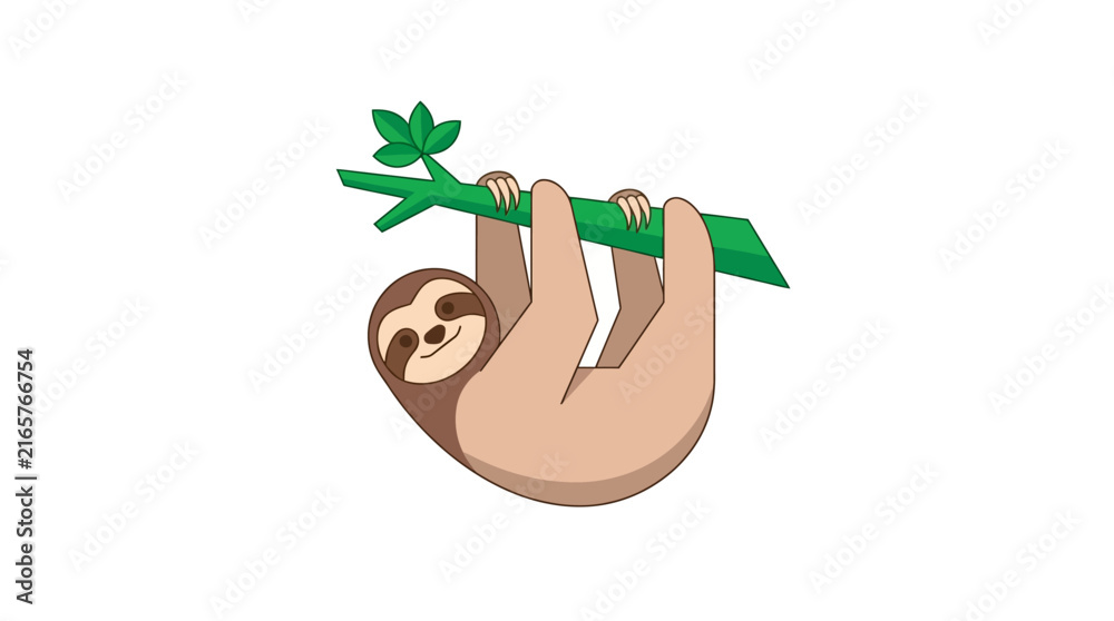 Naklejka premium Cute Cartoon Sloth Hanging Upside Down from a Green Tree Branch in a Tropical Jungle Setting, Isolated on White Background Vector Illustration