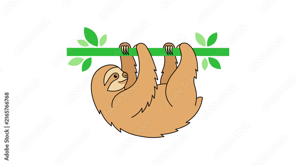 Naklejka premium Cute cartoon sloth hanging upside down from a green tree branch with leaves vector illustration isolated on white background