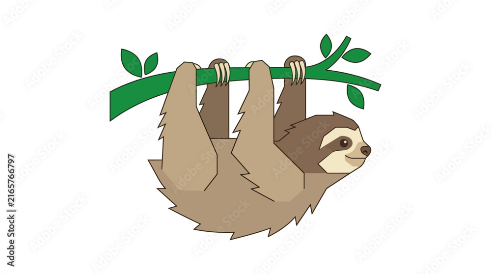 Naklejka premium Vector illustration of a cute brown sloth hanging upside down from a green leafy tree branch isolated on a white background clip art design