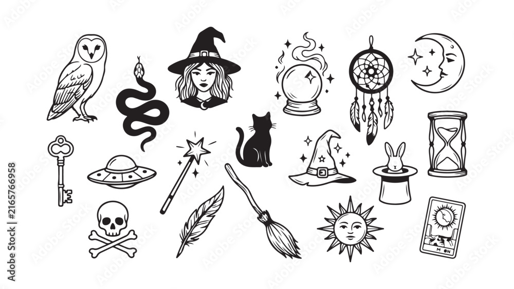 Fototapeta premium Mystical and Witchcraft Line Art Icon Set
