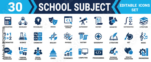 Quadro su tela Set of thirty school subject icons featuring science math art geography and history educational symbols Minimal solid fill icon set bundle collection