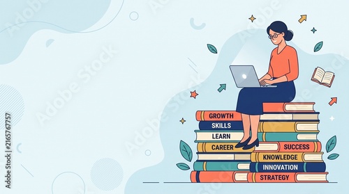 Professional woman sitting on a large stack of educational books while working on her portable laptop in this flat vector illustration depicting continuous learning growth career success and digital i