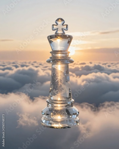 Surreal Floating Crystal King Chess Piece Above Clouds at Sunset, Corporate Leadership Concept
