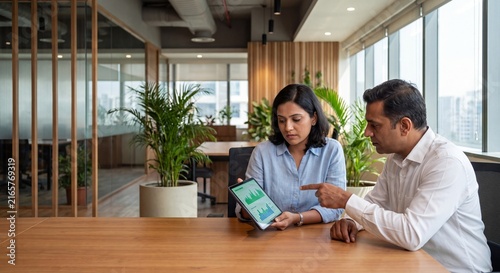 Indian ESG Auditor And Manager Reviewing Sustainability Metrics On Tablet In Modern Office