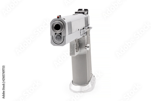 Fotografía Silver 1911-style pistol viewed from front at slight angle