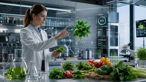 Food scientist analyzing fresh vegetables with futuristic nutritional display in laboratory