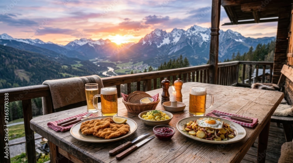 Fototapeta premium Traditional Austrian dinner on mountain hut balcony at sunset