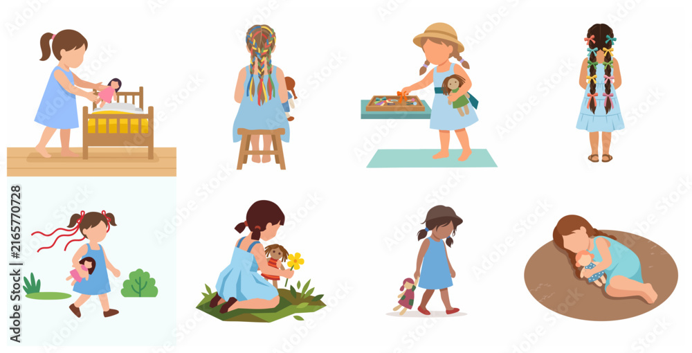 Fototapeta premium Flat vector illustration set of little girls playing with dolls, braiding hair, and childhood activities isolated on white background