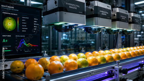 Hyperspectral imaging system inspecting citrus fruit on an automated production line