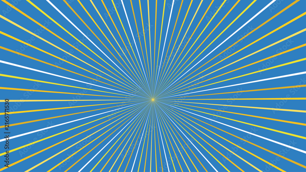 Obraz premium Abstract sunburst background with radiant yellow white and blue lines extending from center point.