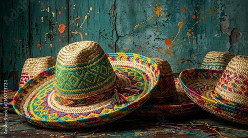 Vibrant Mexican Sombreros on Rustic Wood Background