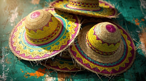 Vibrant Woven Straw Hats on Textured Teal Background