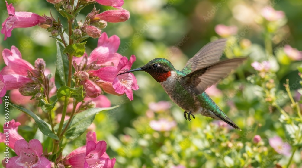 Naklejka premium Ruby-throated hummingbird feeding on pink flowers in a garden