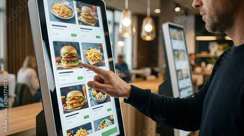 Person using a self service digital kiosk to order fast food in a restaurant