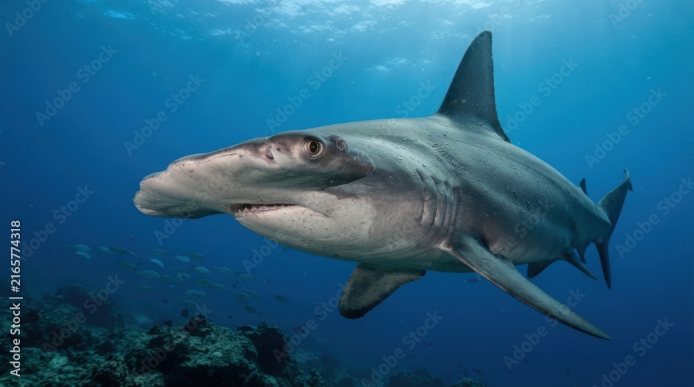 Fototapeta premium Great hammerhead shark swimming in the deep blue ocean