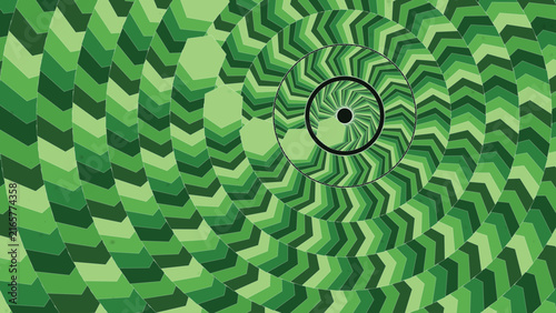Green optical illusion spiral with overlapping arrow shapes creating hypnotic circular movement.