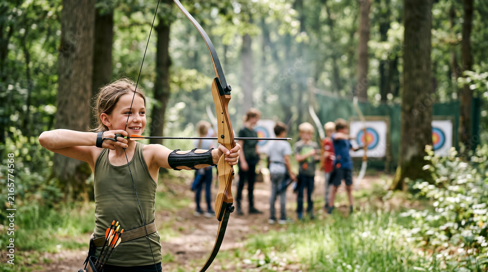 Fototapeta premium Smiling girl aims bow and arrow while practicing archery outdoors, focused and confident during youth recreation session in sunlit forest clearing. Playful, active, skill-building moment with friends