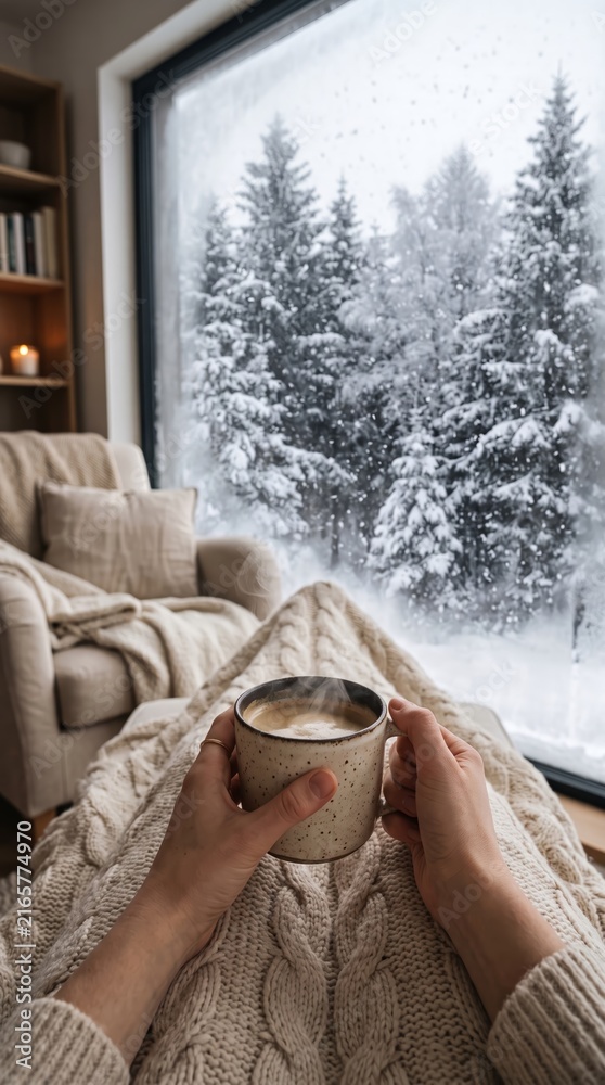 Fototapeta premium Hands hold a steaming mug under a knitted blanket in a cozy cabin overlooking a snowy forest. Concept winter comfort, hygge, travel and lifestyle advertising. Generative AI.