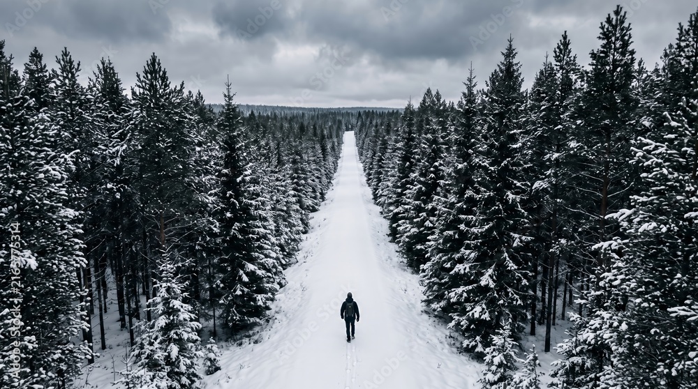 Fototapeta premium A lone traveler walks along a snow covered path through a dense winter pine forest. The concept highlights solitude, adventure, and the beauty of nature, perfect for travel and lifestyle themes