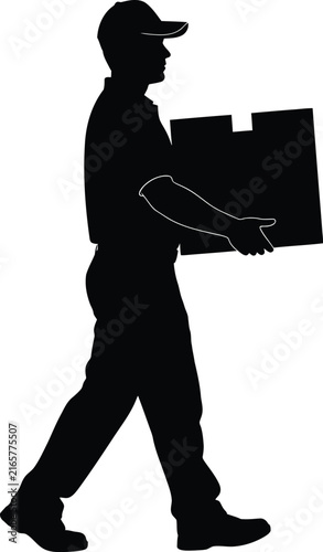 Silhouette of delivery courier carrying a cardboard package with delivery silhouette logistics