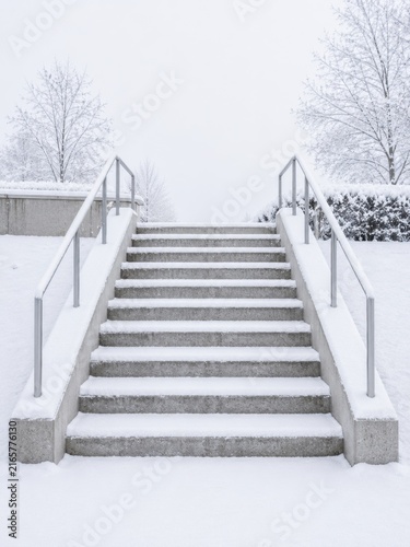 Snow-covered concrete stairs with metal railings leading up to a winter landscape, surrounded by trees and shrubs in a serene, snowy environment