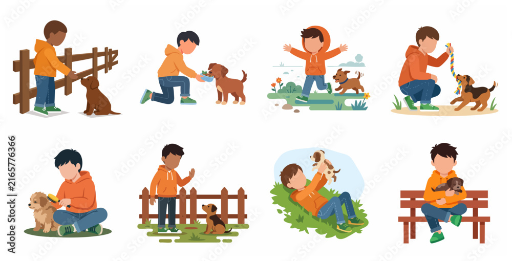 Fototapeta premium Set of flat vector illustrations of a boy interacting with his puppy, including feeding, playing, grooming, and cuddling, symbolizing pet care and friendship
