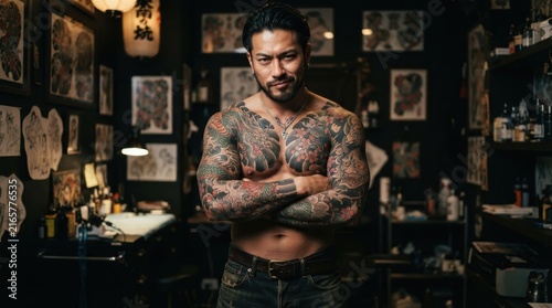 Asian male tattoo artist with full body traditional irezumi tattoos standing in studio