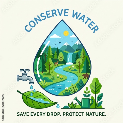 Conserve Water Save Every Drop Protect Nature Poster Vector Illustration