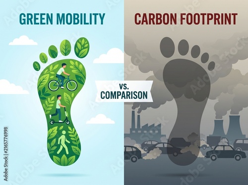 Green Mobility vs Carbon Footprint Environmental Comparison Vector Illustration