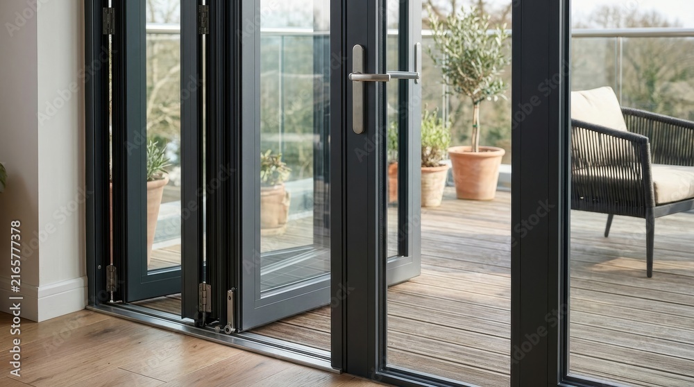 Fototapeta premium Modern bifold glass doors opening to outdoor terrace