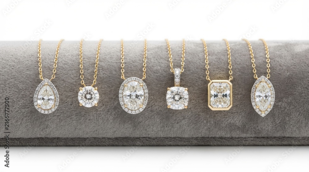 Fototapeta premium Selection of diamond necklaces with different stone cuts on display