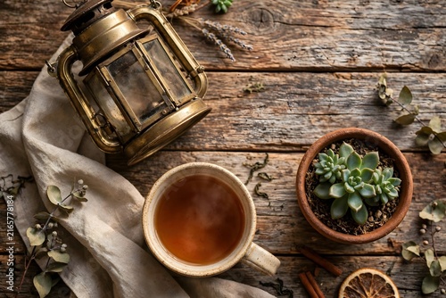 Tea Cup With Lantern And Succulent