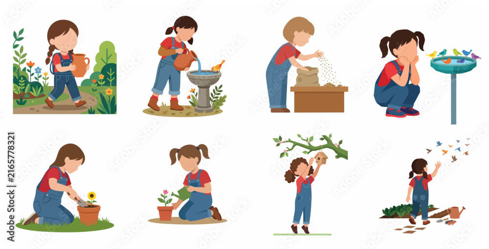 Fototapeta premium Little Girl Gardening and Caring for Nature Illustration Set - Kids Outdoor Activities including Planting, Watering, and Bird Watching