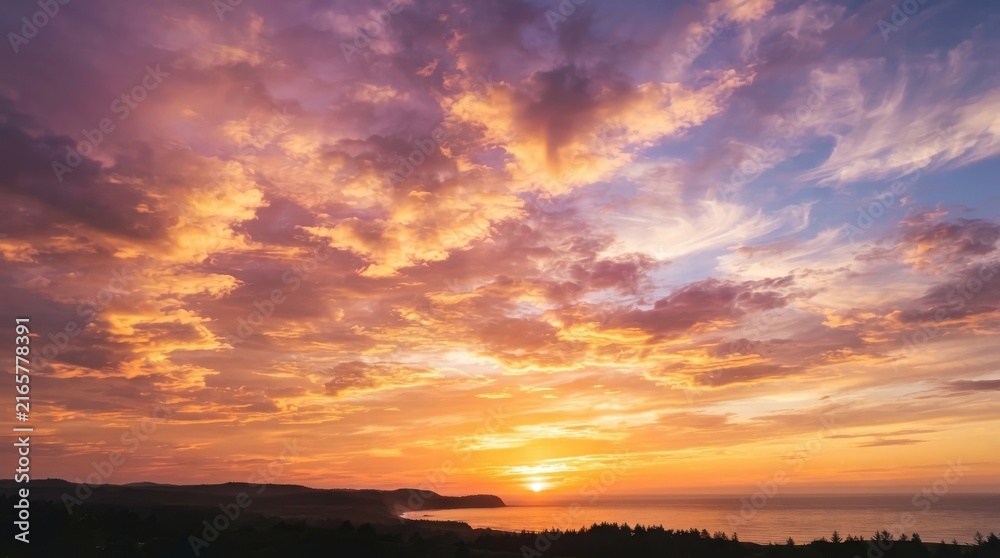 Fototapeta premium Vibrant sunset sky over calm ocean with coastal silhouette