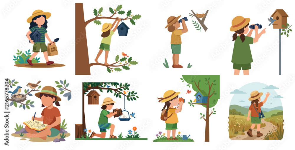 Fototapeta premium Birdwatching and Nature Exploration Vector Illustration Set Featuring a Young Girl Caring for Birds and Using Binoculars Outdoors