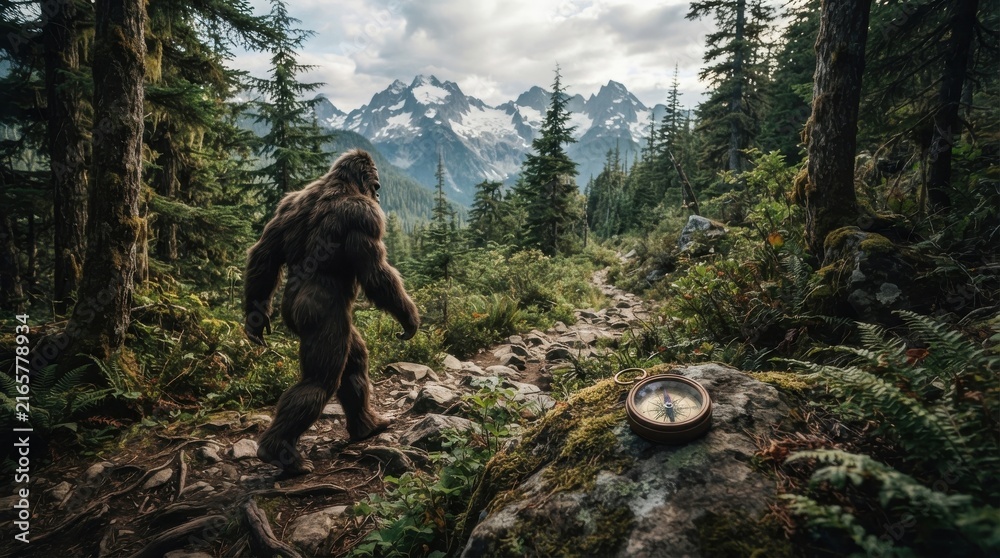 Naklejka premium Bigfoot walking in mountain forest with compass on rock